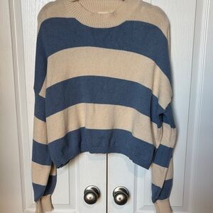 Navy and Cream Striped Cropped Women's Sweater